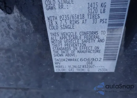 2019 Nissan Pathfinder Sl из США, поврежденный, VIN 5N1DR2MM4KC606902